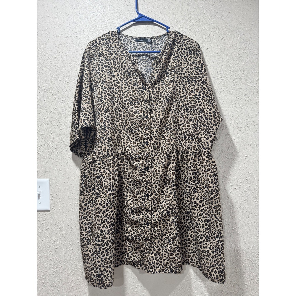 Boohoo Leopard Print Smock Dress‎ Womens US 10 Button Front Animal Print Mini